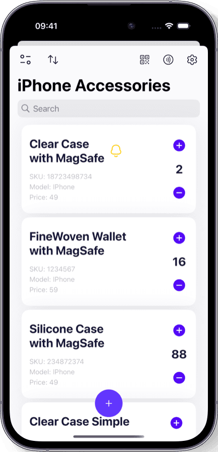 Sklad stock management software showing item list with min/max threshold indicators and stock levels