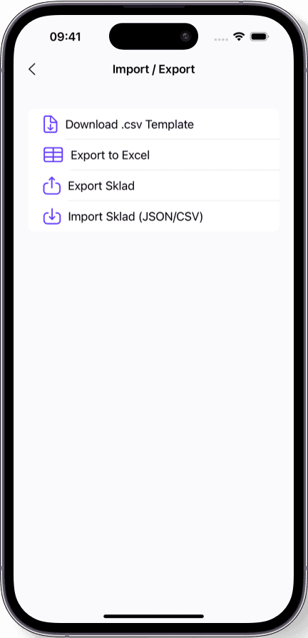 شاشة الاستيراد والتصدير في Sklad مع مطابقة بيانات CSV