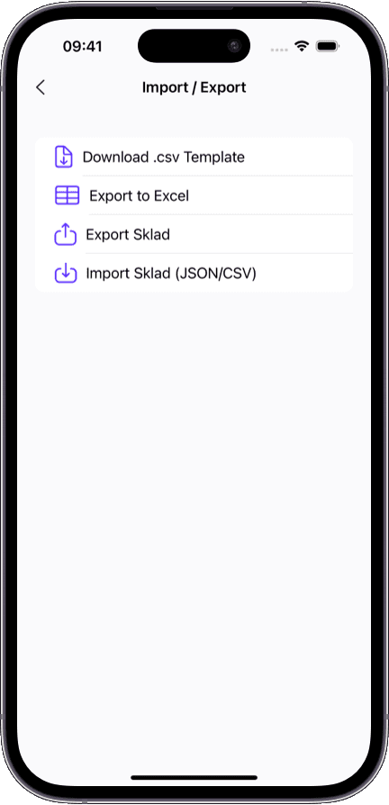 شاشة الاستيراد والتصدير في Sklad مع مطابقة بيانات CSV