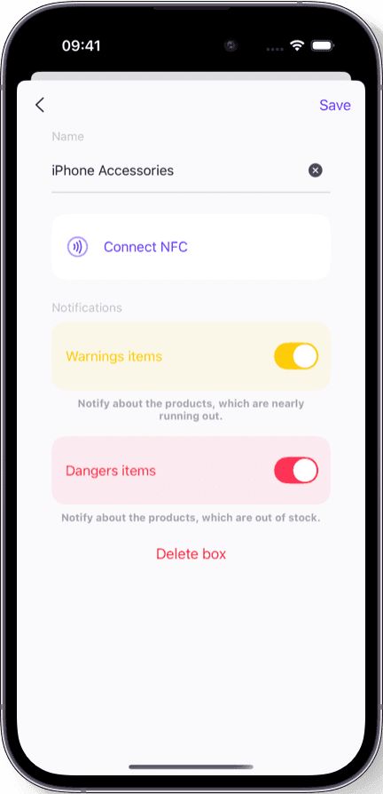 Notification settings in Sklad stock management software with configurable warning and danger thresholds