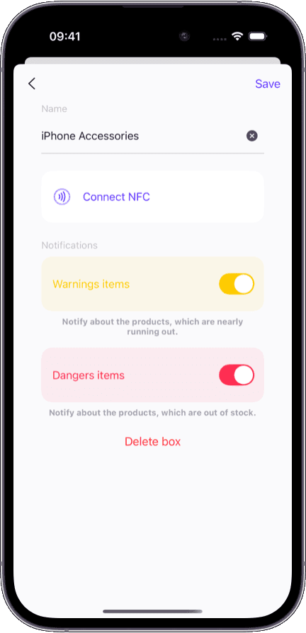 Notification settings in Sklad stock management software with configurable warning and danger thresholds