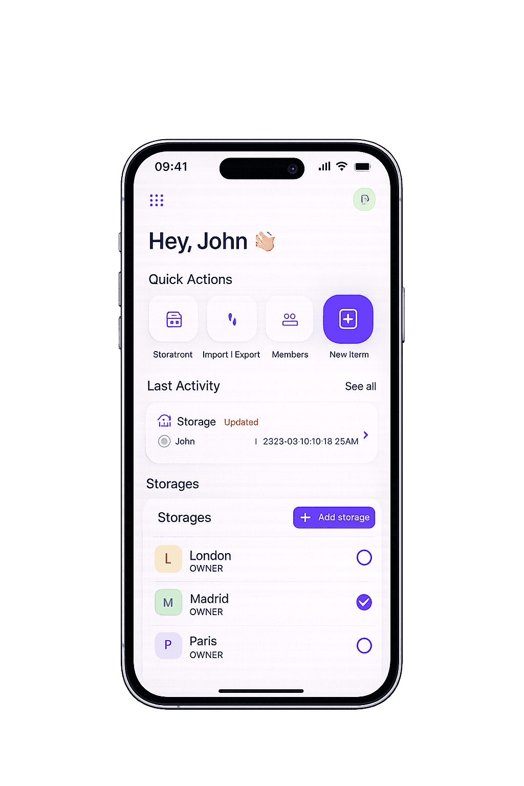 Inventory tracking workflow in Sklad showing multi-location storage selector with item counts