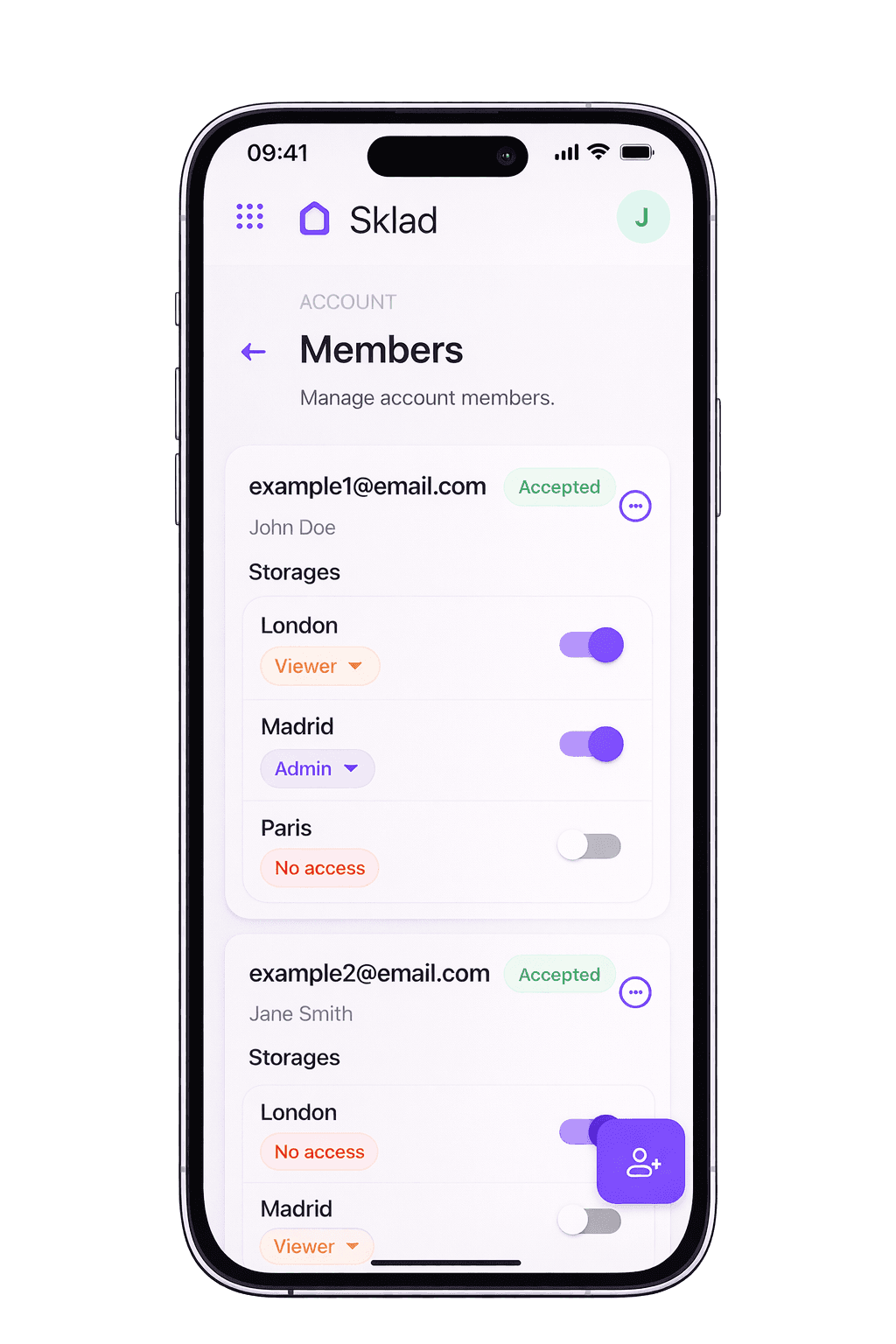 Multi-location storage selector in Sklad showing boxes organized inside a warehouse storage with quantity details