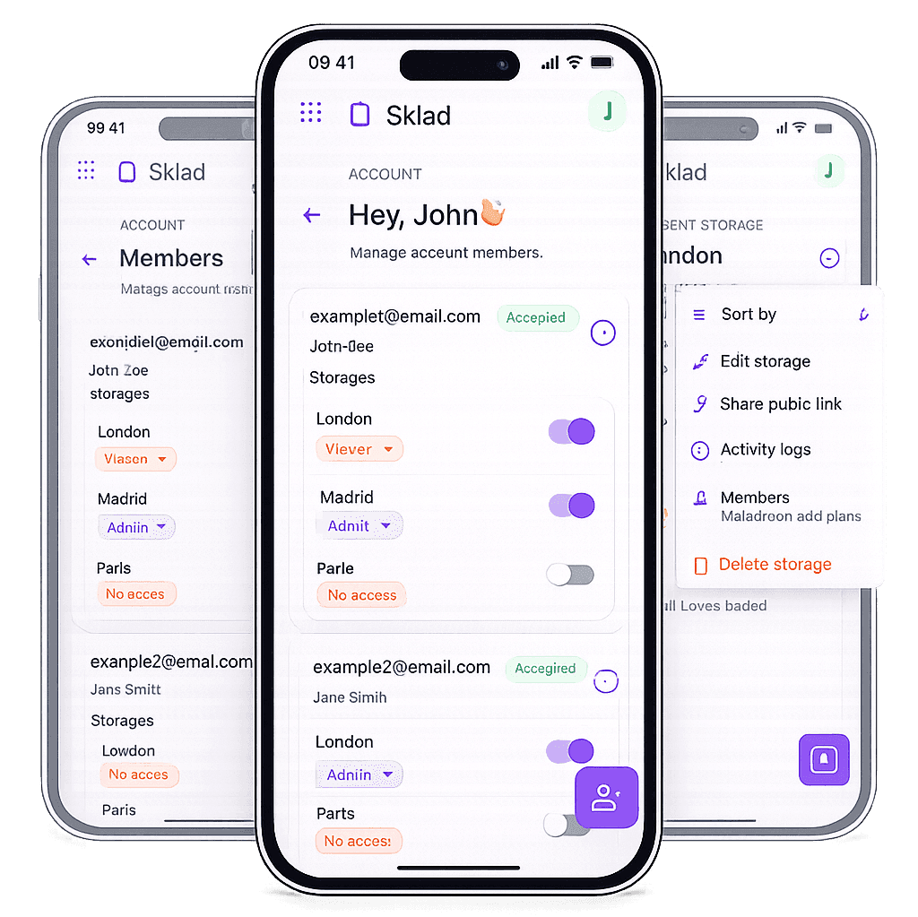 Sklad multi-warehouse inventory software showing storage overview with multiple warehouse locations and item counts